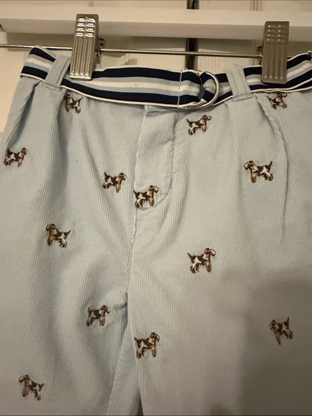 Ralph Lauren Light Blue Corduroy Embroidered Dog Shorts with Stripe Belt-9 Month
